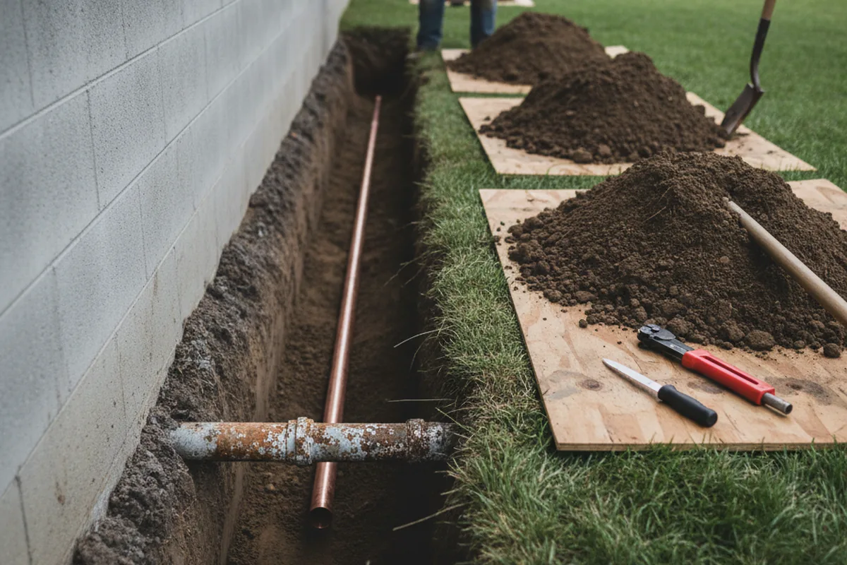 Excavated water line trench during Water Softener Installation in Mcleod